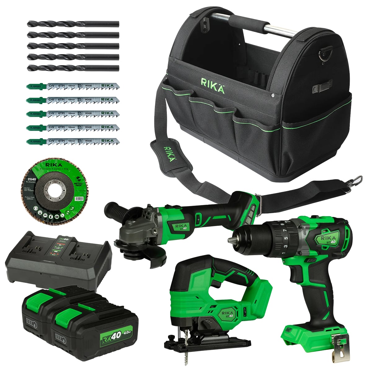 Rikä RK40 40V Core Essentials Kit | Drill + Grinder + Jigsaw | Brushless | 2x 4.0Ah Batteries + Tool Bag